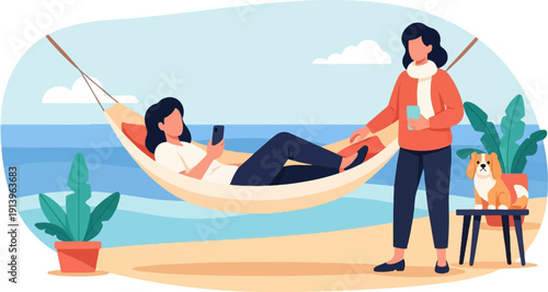 Two people and dog enjoy beach relaxation in a hammock by the ocean