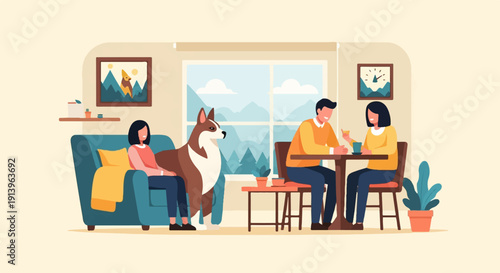 Two people and dog enjoying a cozy indoor scene with drinks and a window view