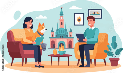 Two people and dog in cozy room with castle backdrop