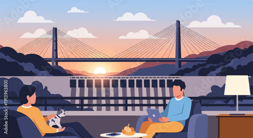 Two people and dog relax with city and sunset view over bridge