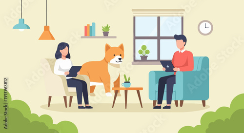 Two people and dog relaxing indoors with laptops and plants