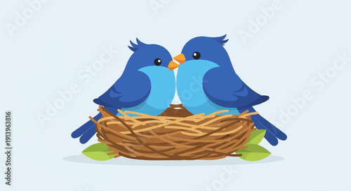 Two blue birds cuddling in a nest with green leaves beneath