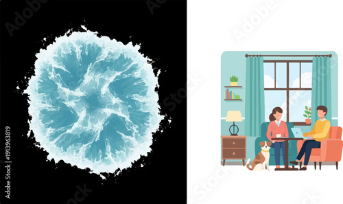 Two people and dog relaxing by a window with a swirling water pattern