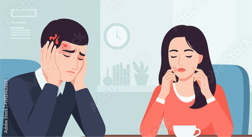 Two people, a man with headache, and a woman looking sad, sit at a table