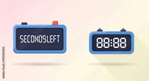 Two blue digital displays showing countdowns against a light, gradient background