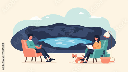 Two people and dog sitting in comfortable chairs near a lake