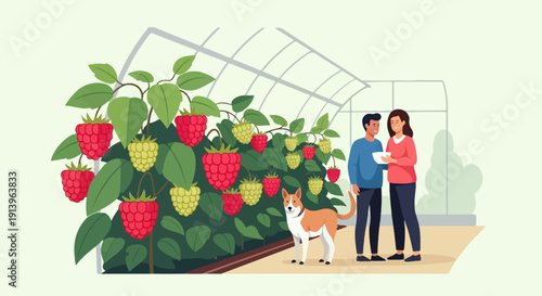 Two people and dog tending to a bountiful raspberry harvest in a greenhouse