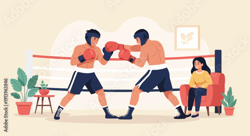 Two boxers spar in a ring while a spectator watches from an armchair