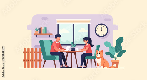 Two people and dog working at a table indoors with a window