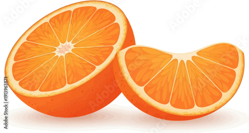 Two bright orange citrus fruit slices displayed on a white background
