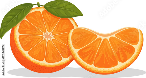 Two bright orange citrus slices and a whole orange with green leaves