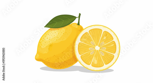 Two bright yellow lemons, one whole with a green leaf, and one sliced in half
