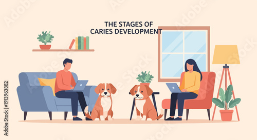 Two people and dogs relax indoors, working on laptops near plants