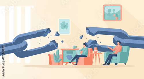 Two people in a room with a broken chain hanging above