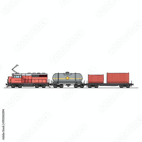 Vintage Freight Train on Track with Cargo Containers and Tank Car