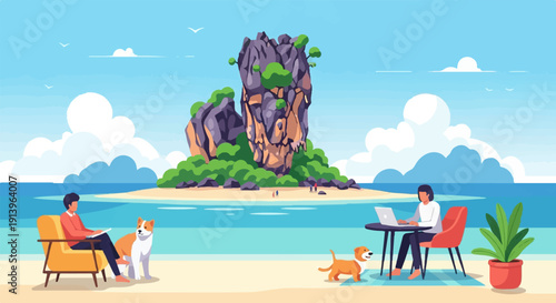 Two people and two dogs relax and work on a tropical beach island with large rocks