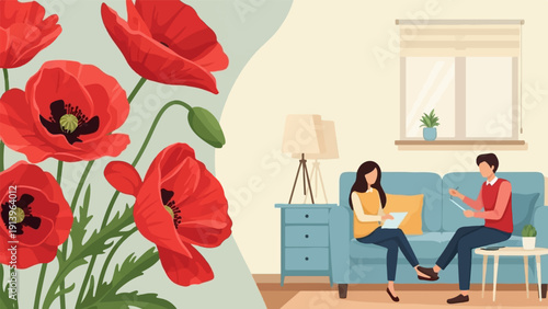 Two people in a room with poppies
