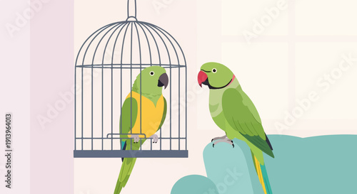 Two green parrots, one in a cage and one on a couch, interact