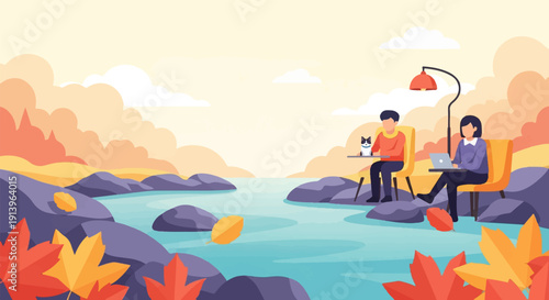 Two people and a cat enjoy autumn by a lake with colorful foliage