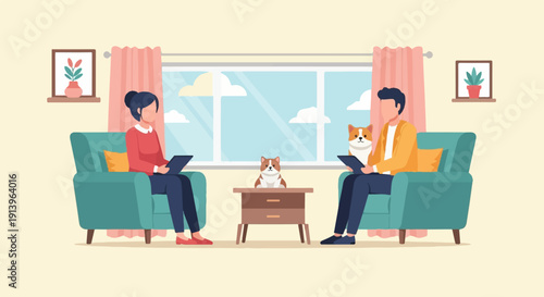 Two people and three dogs in a cozy living room with plants and window