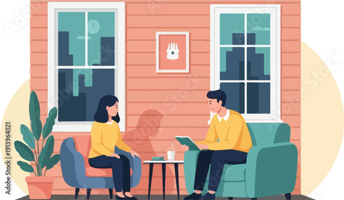 Two people in a room with windows, talking