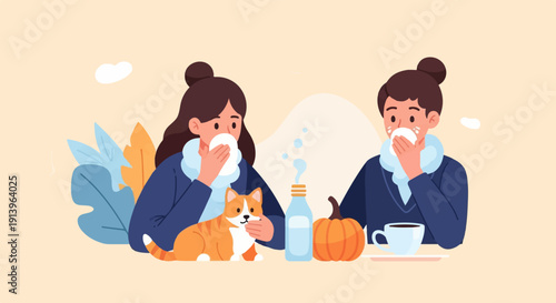 Two people and a cat feeling unwell, with autumn produce
