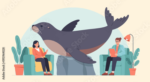 Two people in a session with a large seal in the background