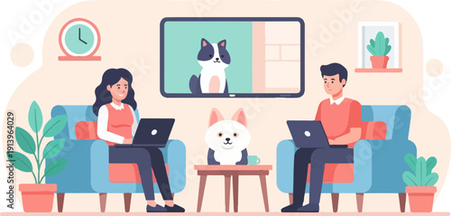Two people and two dogs relax at home with laptops on furniture