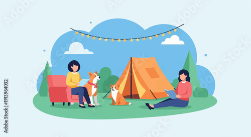 Two people and two dogs relax at a campsite with a tent and string lights