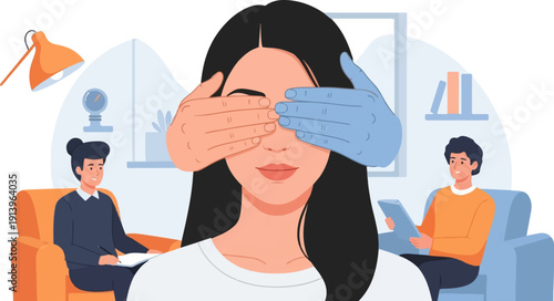 Two hands cover a woman's eyes while two people observe her in an office setting