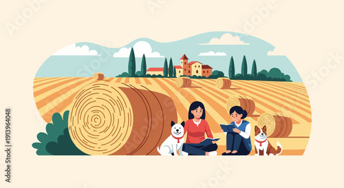 Two people and two dogs relax in a harvested field with hay bales