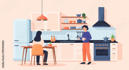 Two people in a stylized kitchen setting, one seated at a table, the other standing with a drink