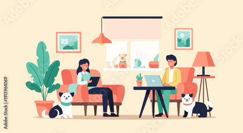 Two people and two dogs relax in a cozy, well-lit living room
