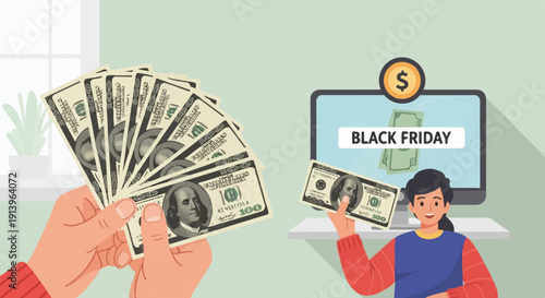 Two hands holding a fan of dollar bills near a computer screen showing Black Friday