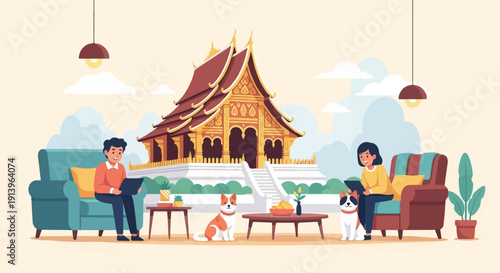 Two people and two dogs relaxing in a living room with a temple view