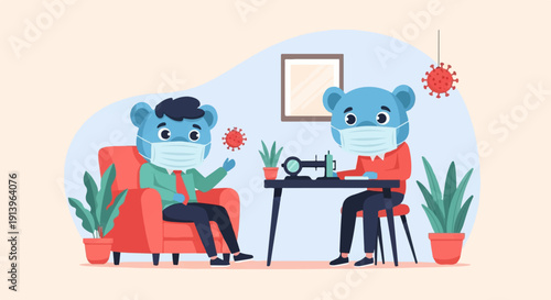 Two cartoon bears wearing masks, one sits in a chair, the other sews