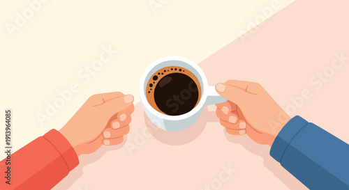 Two hands holding a cup of hot coffee over a light-colored surface