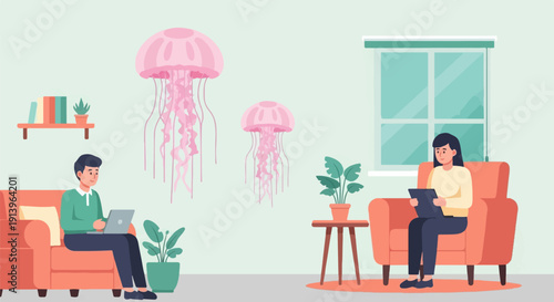 Two people are in a room, one using a laptop, the other on a tablet