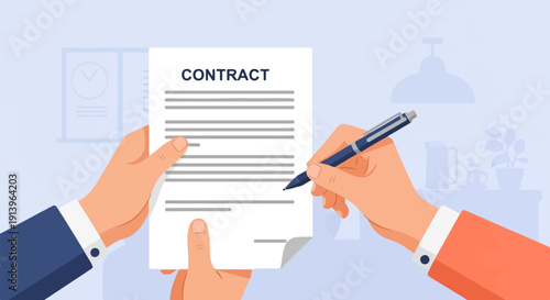 Two hands, one holding a contract, the other signing it with a pen