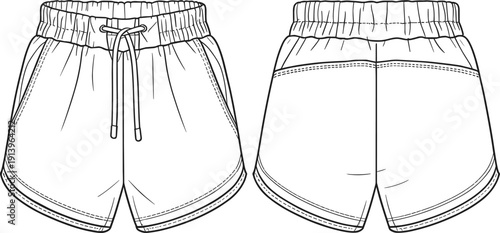 Technical fashion illustration of men's athletic shorts front and back view with elastic waistband drawstring seam details vector line art design