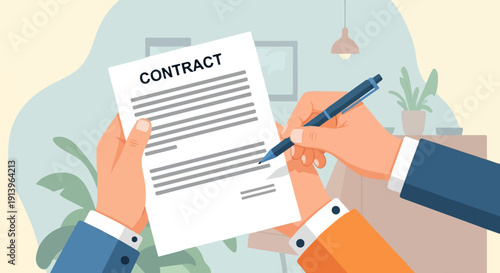 Two hands signing a contract in an office setting with plants