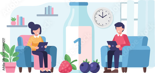 Two people in armchairs, a large milk bottle with number 1, fruits and indoor plants