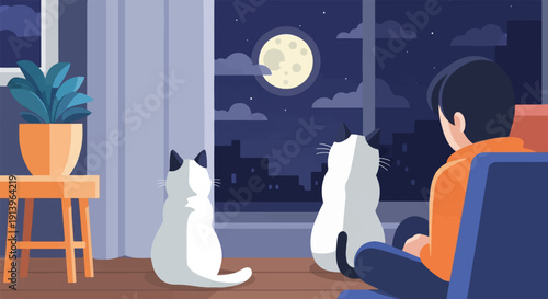 Two cats and a person sit by a window watching the night sky and cityscape