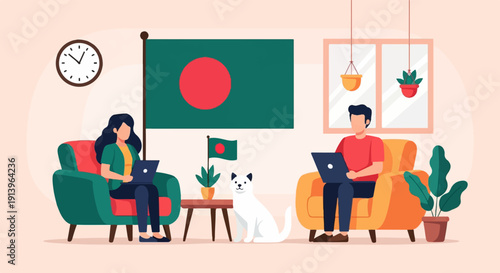 Two people and a cat relax at home with national flag and plants