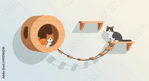 Two cats explore their wooden climbing structure with a suspended rope bridge