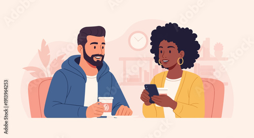 Two people are sitting and chatting while holding cups of coffee