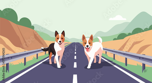 Two happy dogs walk down a long, empty road surrounded by hills