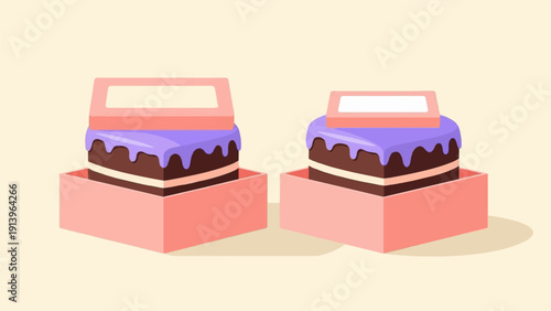 Two heart-shaped chocolate cakes with purple frosting in pink boxes