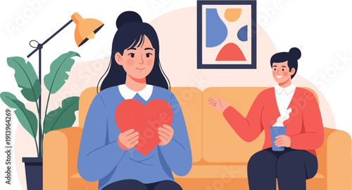 Two people are sitting on a couch, one holding a heart, the other a drink