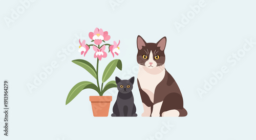 Two cats, one large and one small, sit beside a potted pink orchid